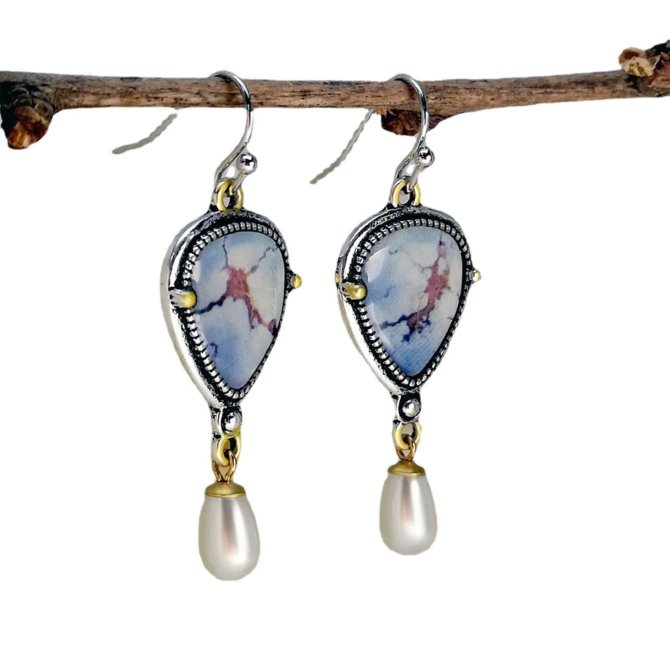 Retro blue Bohemian drop earrings with synthetic opal and pearl stones on geometric metal setting