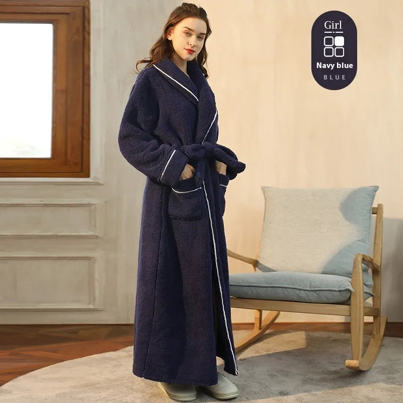 Super thick flannel couple's bathrobe in navy blue, shown on a hanger.