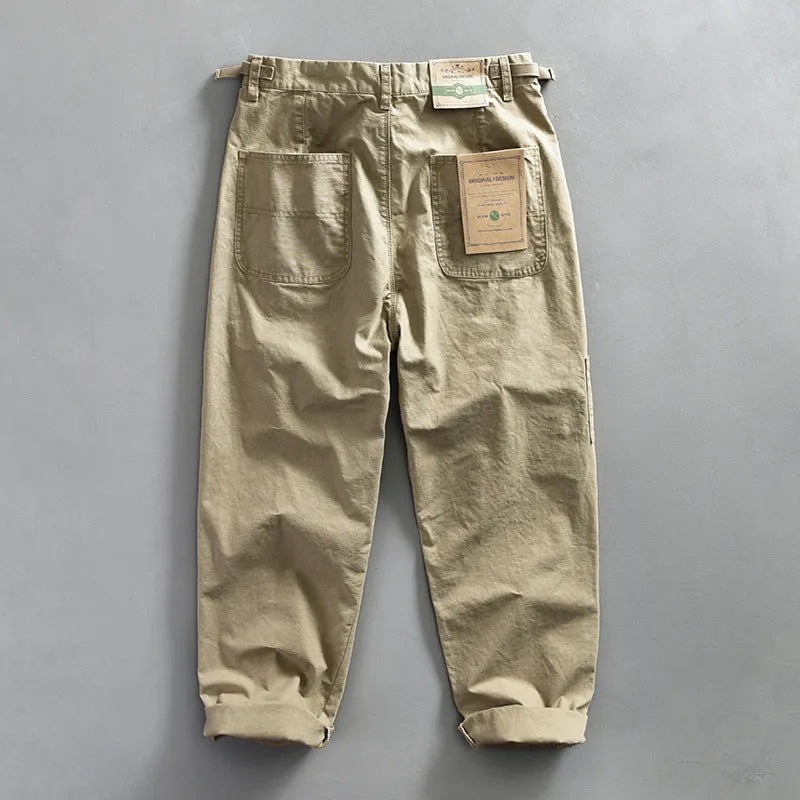 Men's straight-leg cotton trousers in army green, apricot and brown colours with mid-waist fit