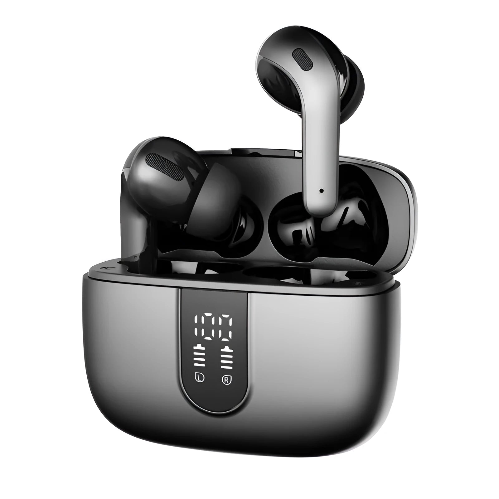 Jerry X08 wireless in-ear headphones with digital display and charging case in black, grey, or white.