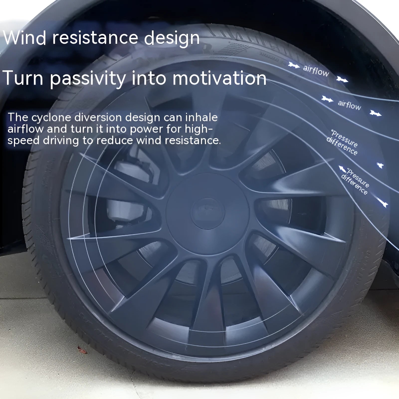 Tesla Model Y wheel hub cover with sectional steel ring design in black finish.