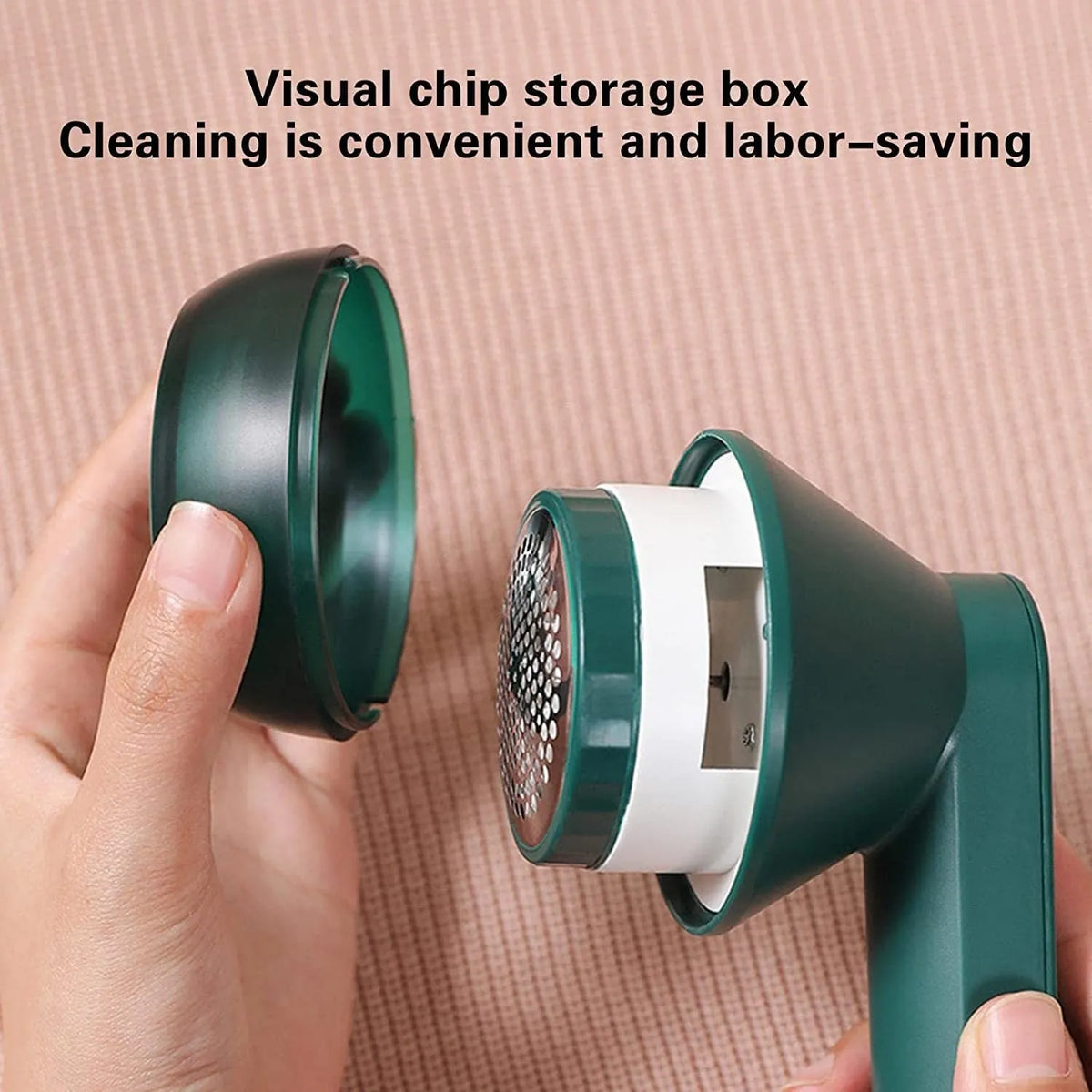 USB rechargeable electric lint remover in white with stainless steel blade and honeycomb mesh cover