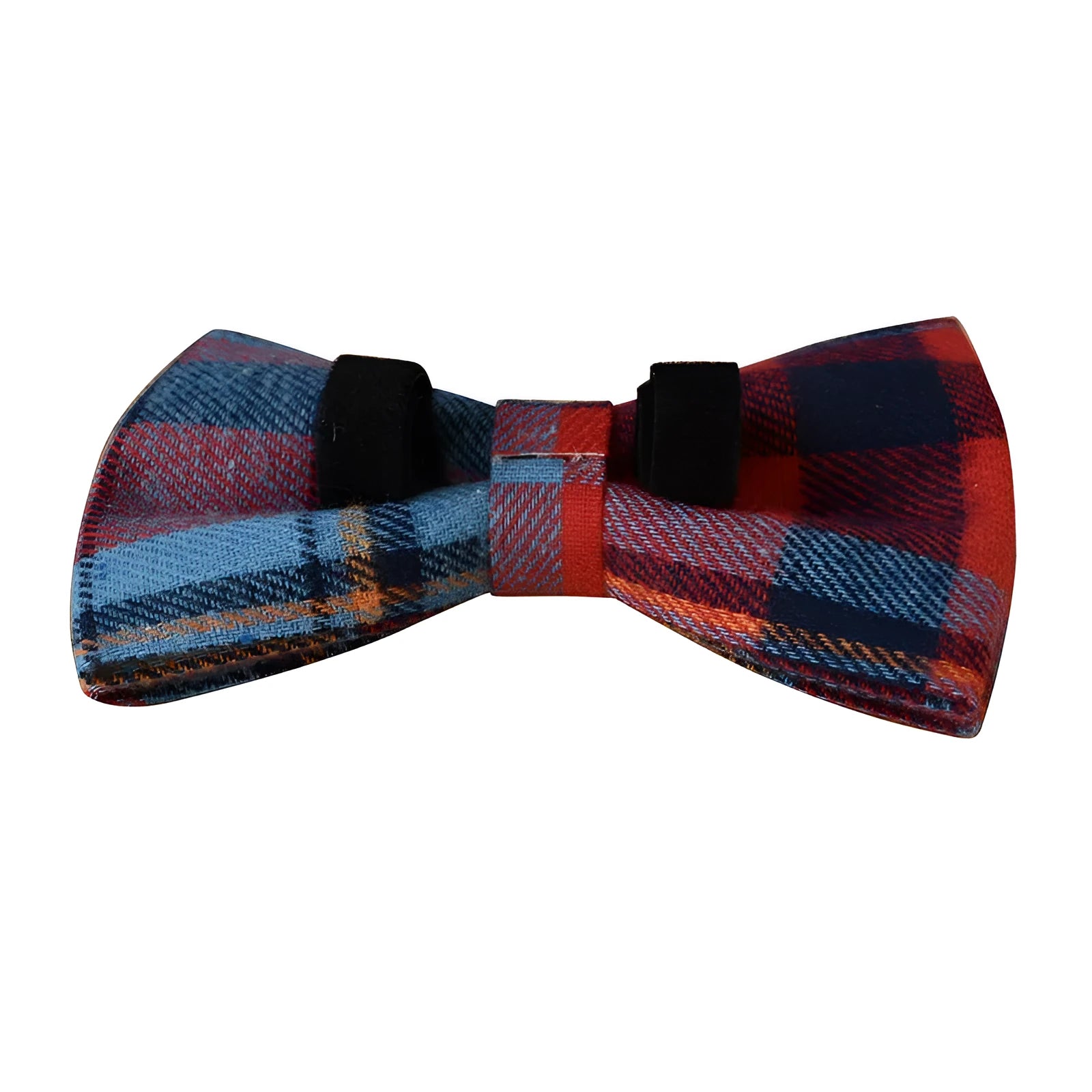Blue background velvet plaid dog collar with a silver alloy buckle on a size tag.