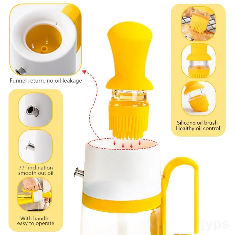 Glass oil dispenser with silicone brush for cooking and BBQ, 550ml capacity with stainless steel nozzle