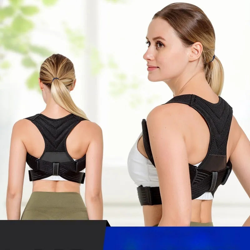 Anti-humpback correction belt in black polyester-nylon for posture support with open shoulders and high chest