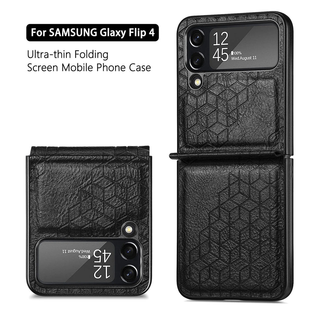 Samsung Z Flip 4 PU leather back cover with rhombus pattern in black, brown, blue, green, and red