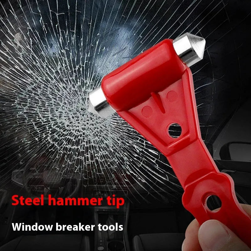 Red emergency window breaking hammer with steel striking tip on white background