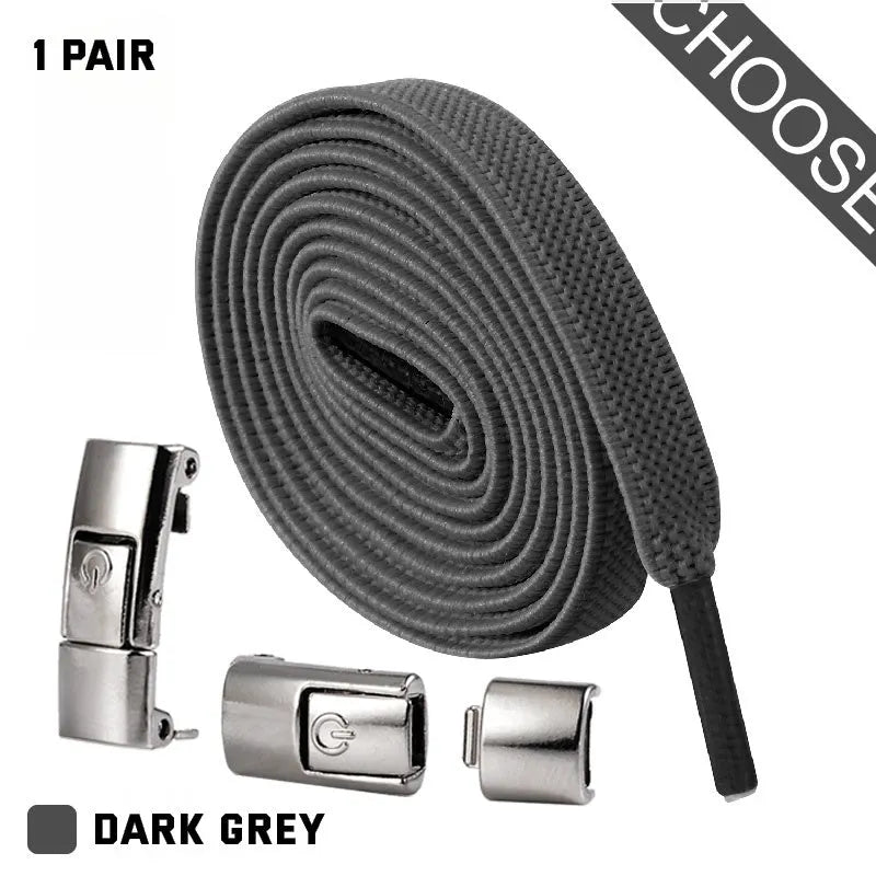Pair of black 8mm wide flat press lock elastic shoelaces for no-tie fastening on sneakers