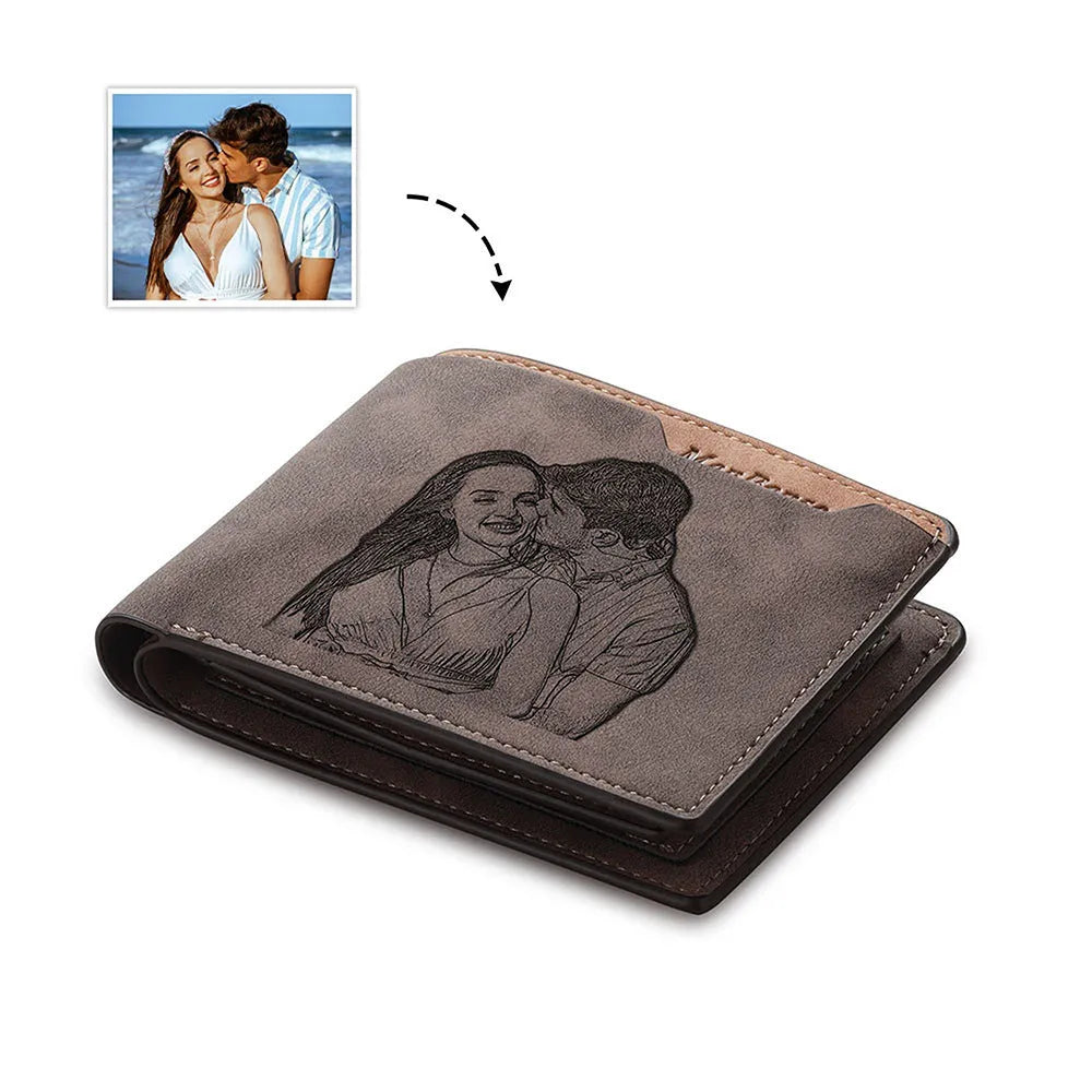Coffee brown engraved horizontal short wallet showing photo personalisation feature