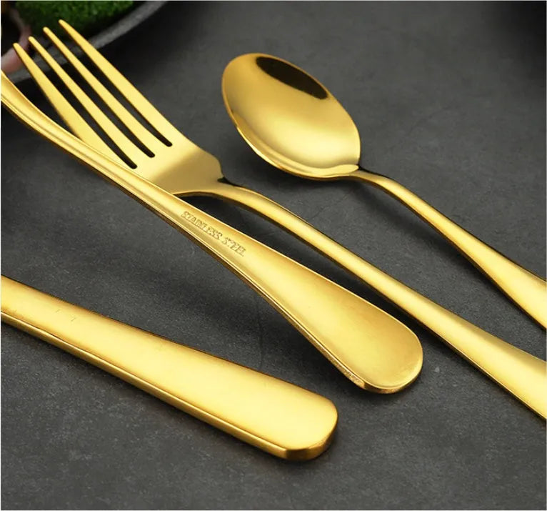 24-piece stainless steel cutlery set for six place settings showing knife, fork, and spoon options in different colour finishes.