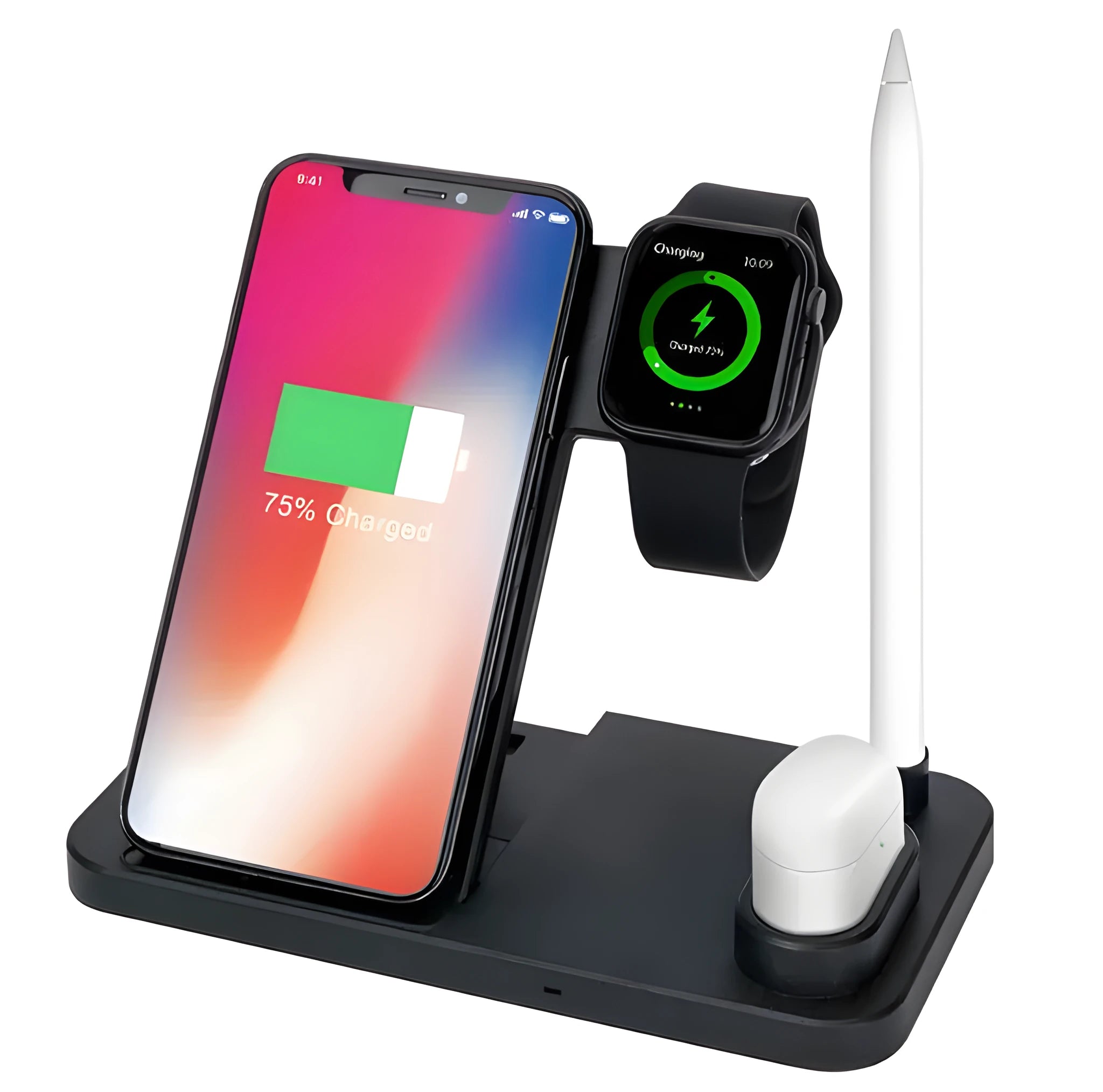 Black 4-in-1 wireless charging station with phone on adjustable stand, Apple Watch, and AirPods charging.