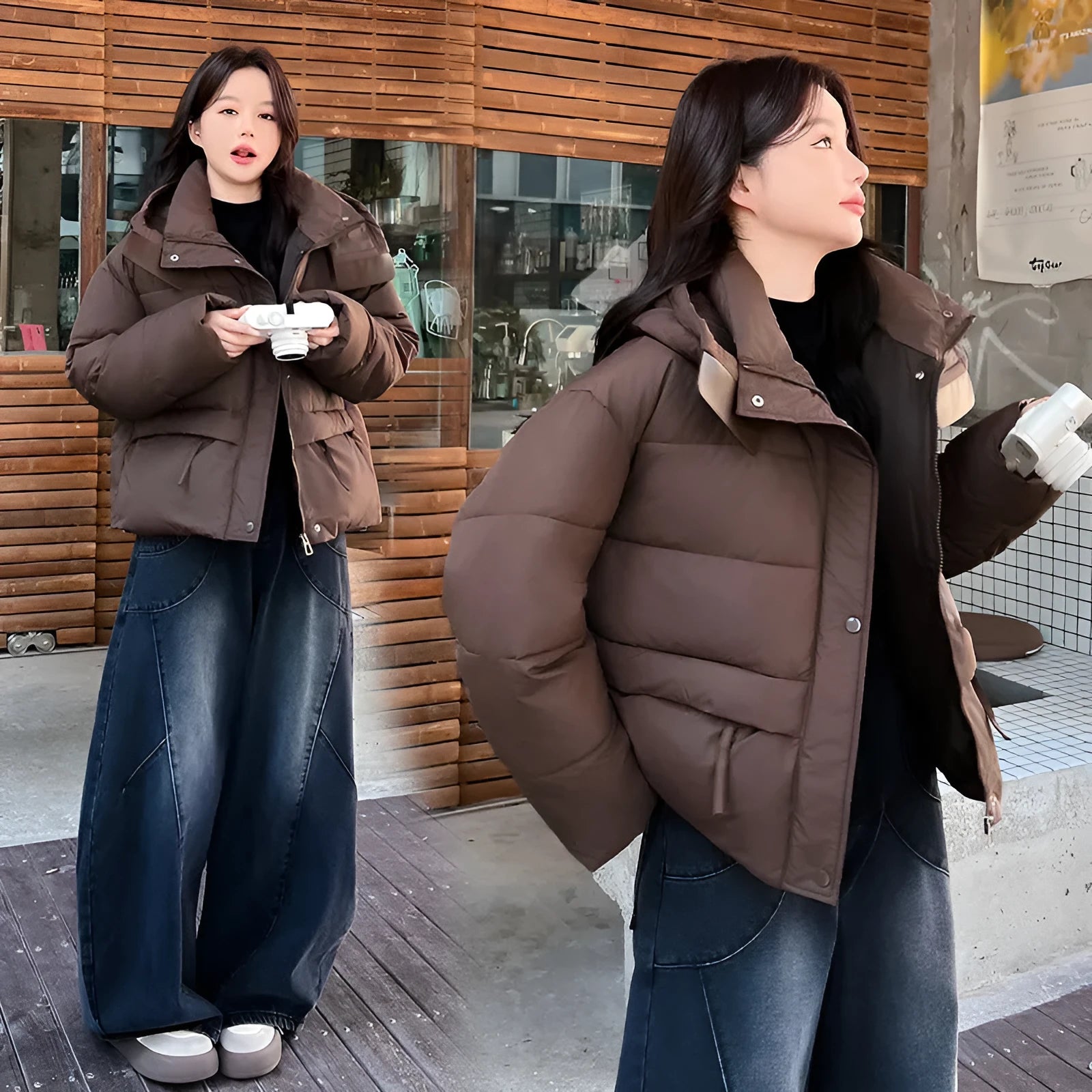 Beige loose cotton-padded coat with letter printing and front pockets, regular sleeves, polyester fabric