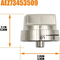 Silver metal oven stove knob assembly measuring 5.3cm in diameter
