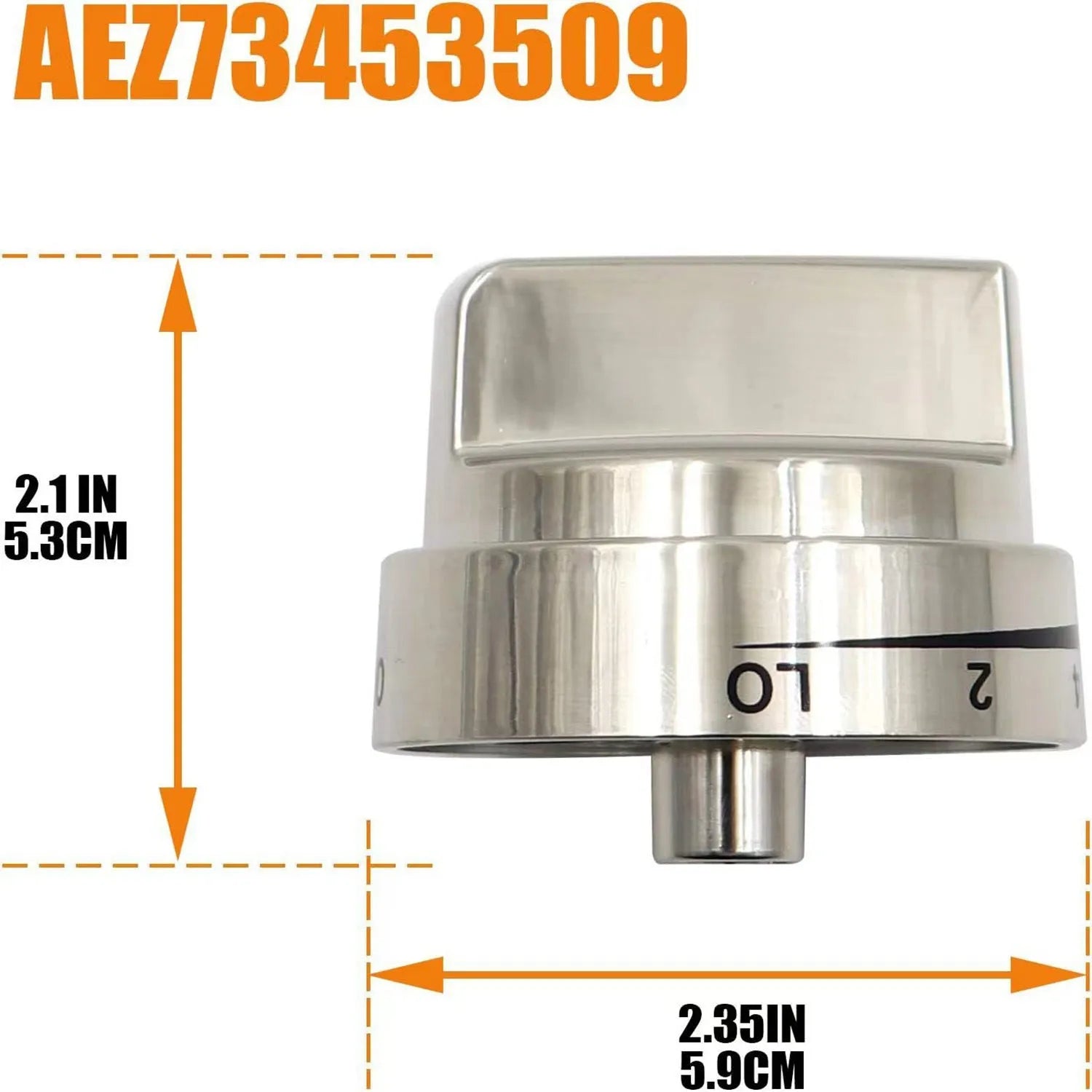 Silver metal oven stove knob assembly measuring 5.3cm in diameter