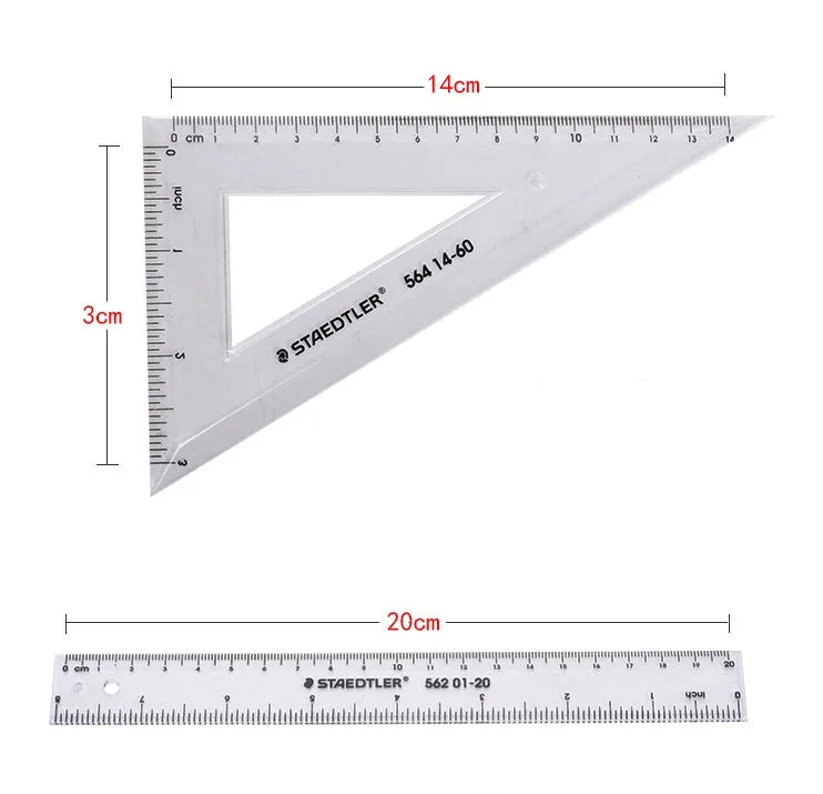 Student four-piece plastic ruler set with 15cm ruler, 30 and 45 degree triangles, and protractor in neon colours