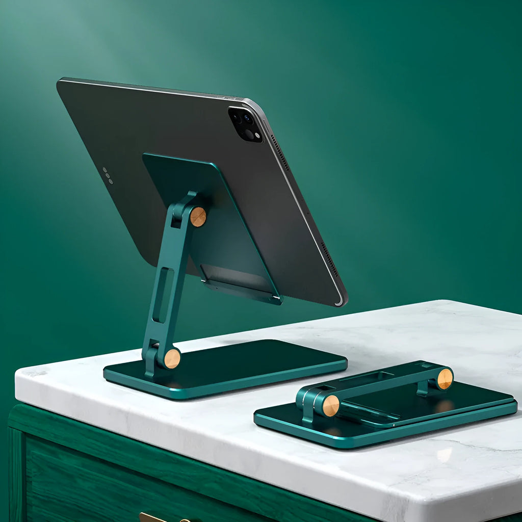 Adjustable aluminium alloy desktop stand for mobile phone and tablet in silver colour on a desk