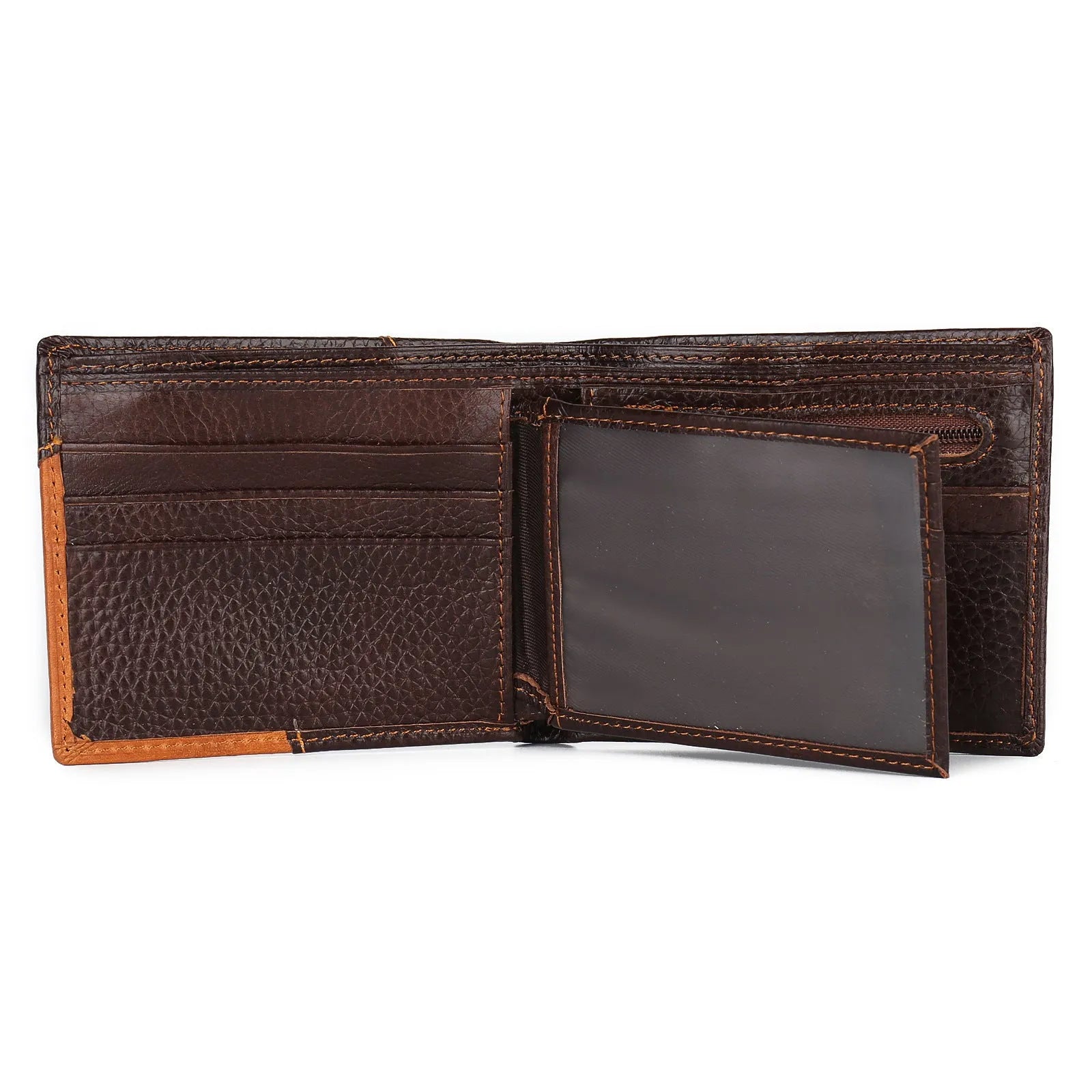 Korean-style cowhide leather wallet with car stitching showing bill holder, card slots, and zipper compartment