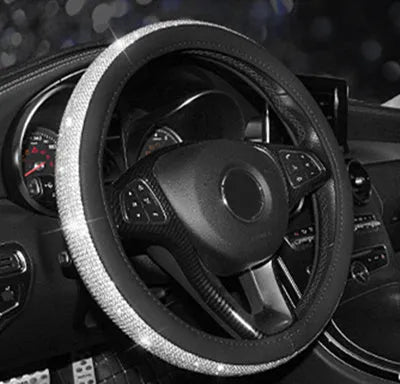 Rhinestone non-slip leather steering wheel cover for general motors 38cm diameter black with gold ring option