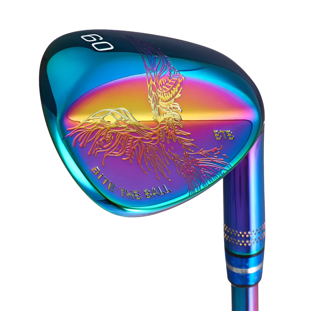Forged golf wedge with blue electroplated finish, CNC-machined groove pattern on striking face, natural rubber grip, 890mm length