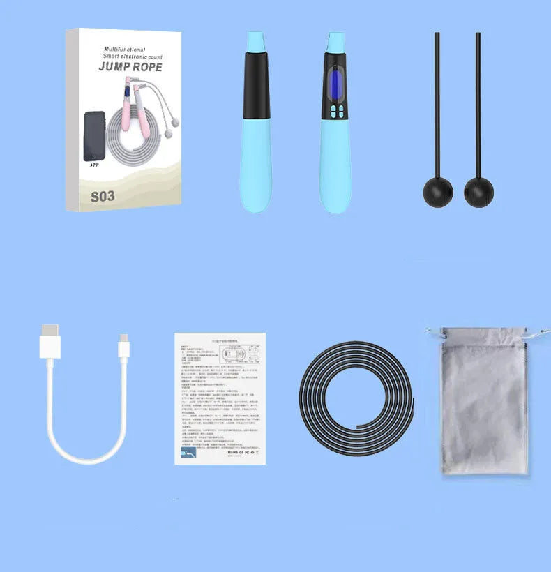 Blue cordless Bluetooth skipping rope with electronic counter and weighted ball on a floor