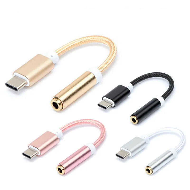 Type-C to 3.5mm nylon braided headphone audio adapter cable 12cm in black with Type-C connector and 3.5mm female socket