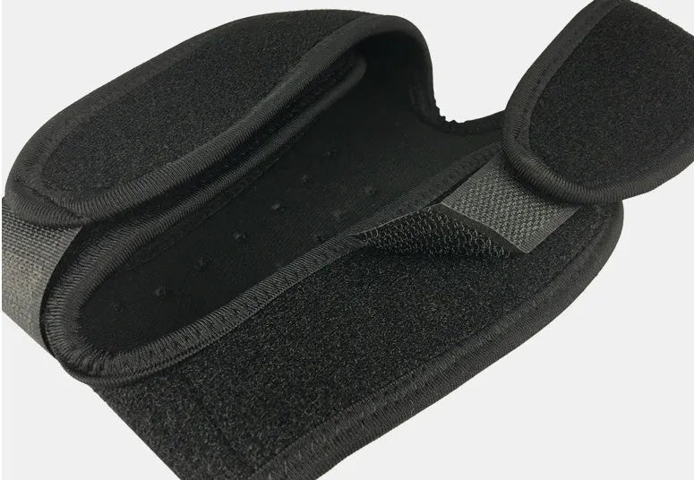 Professional patella band knee support in black with shock absorbing EVA pad and breathable rear perforations