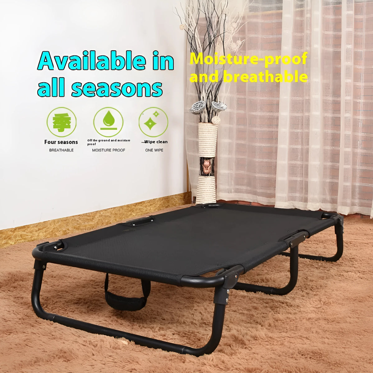 Pet dog iron frame mesh camp bed with steel pipe construction, folding design, and included mattress in size XL.
