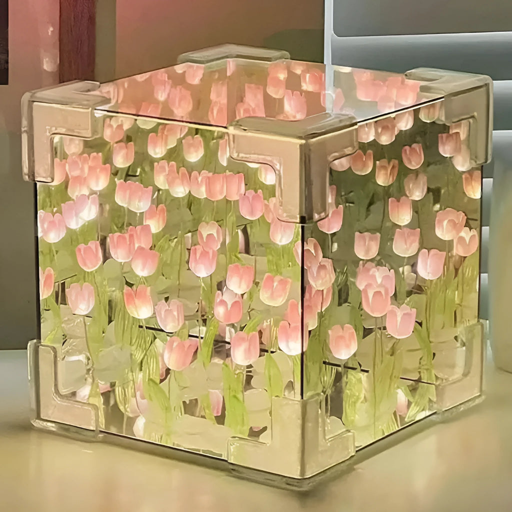 Rubik's Cube Tulip Small Night Lamp 12x12cm with 20 tulip flowers and three colour USB light in blue