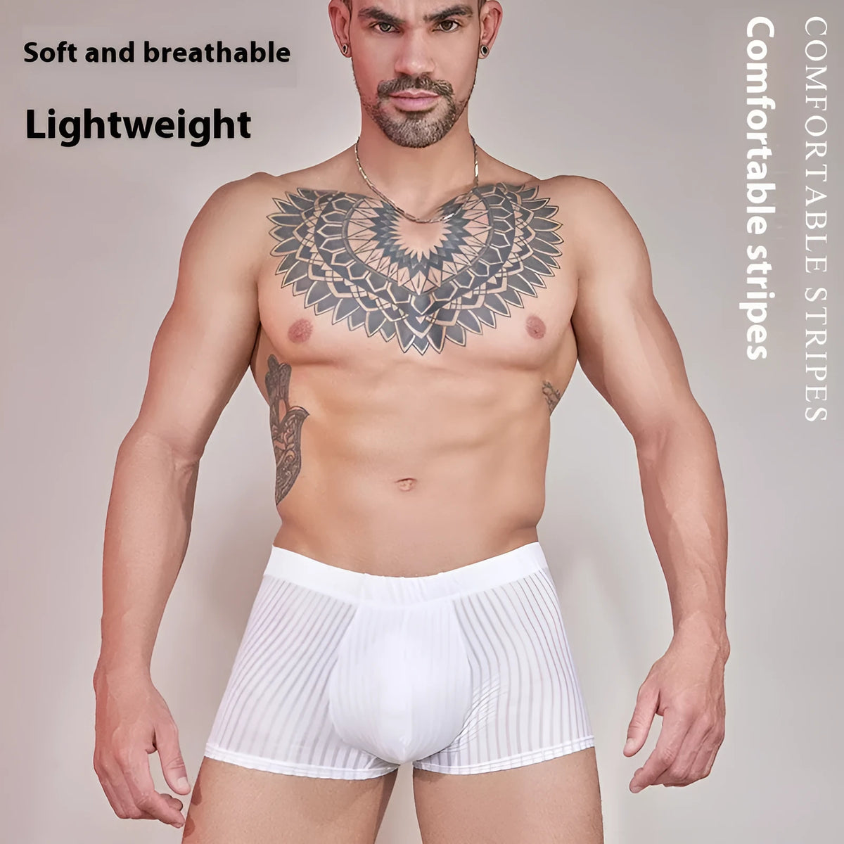 Men's striped thin transparent nylon underwear in Black, White, and Dark Gray free size briefs