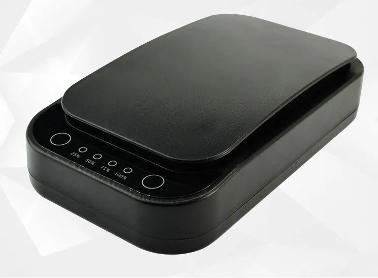 Blue and white ultraviolet disinfection box for sanitising mobile phones and small personal items.