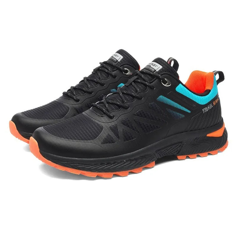 Men's black mesh outdoor running shoes with a rubber sole, shown in a plus size.