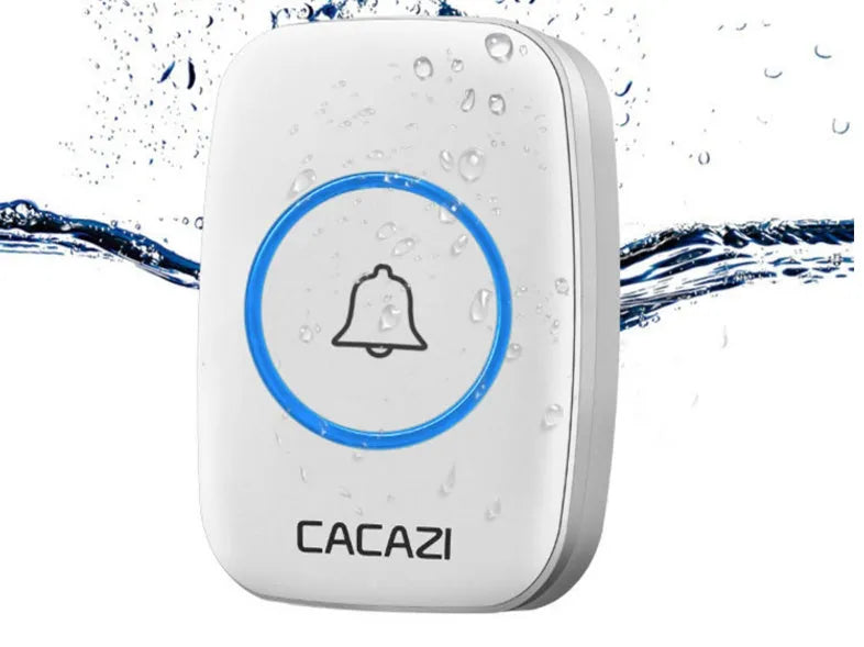 White wireless plug-in doorbell receiver and black push button transmitter with 300m range.