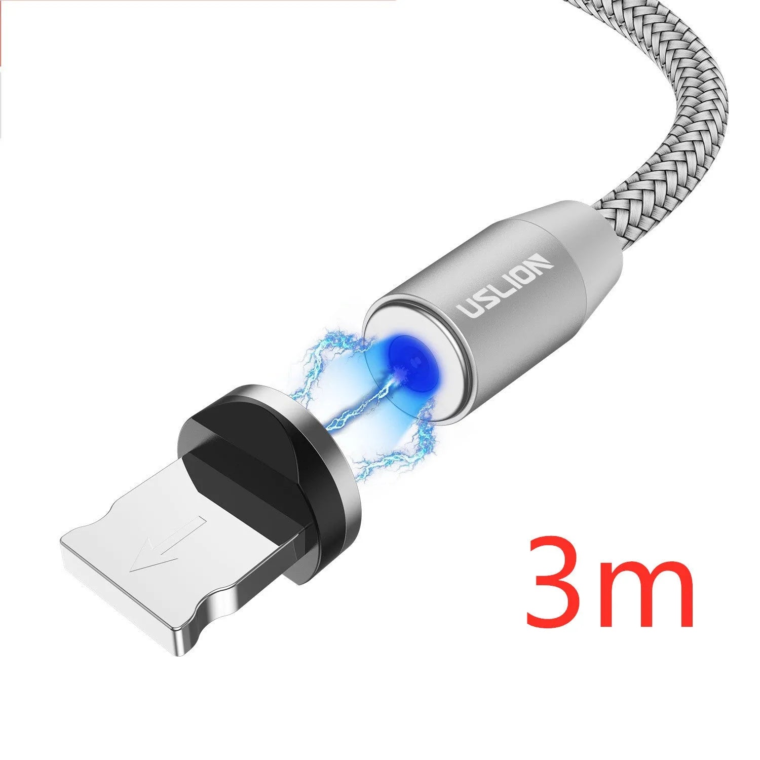 USLION circular magnetic charging cable in black, showing magnetic connector and plug for Android, iOS, or Type-C device.