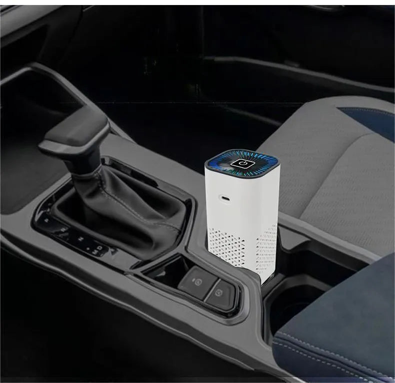 Portable car air purifier with double air inlets, black colour, 60x60x130mm size