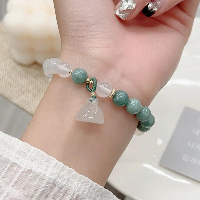 Women's retro Chinese style agate lotus seedpod bracelet with Burma jade elements