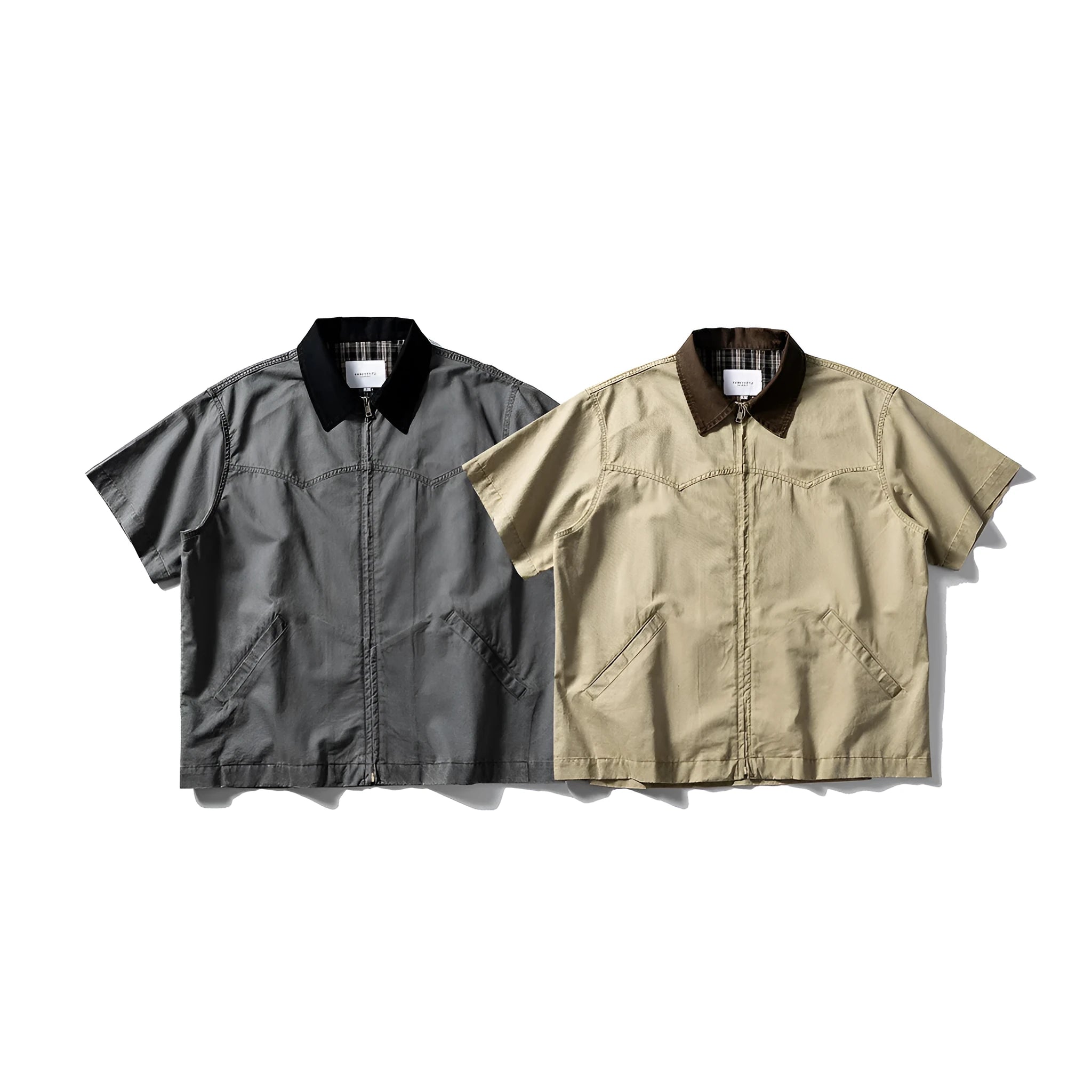 Washed cotton overalls shirt with short sleeves in khaki colour, loose fit for teenage casual wear