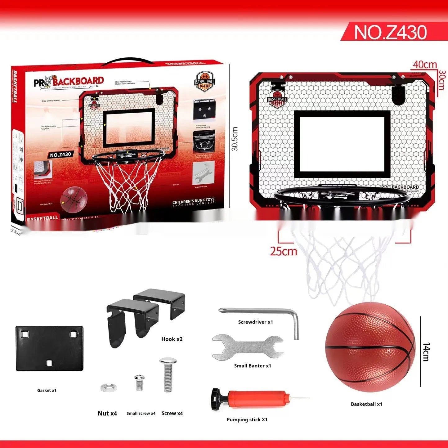 Red and blue folding basketball frame with suction cups and hook on a 400x300mm panel.