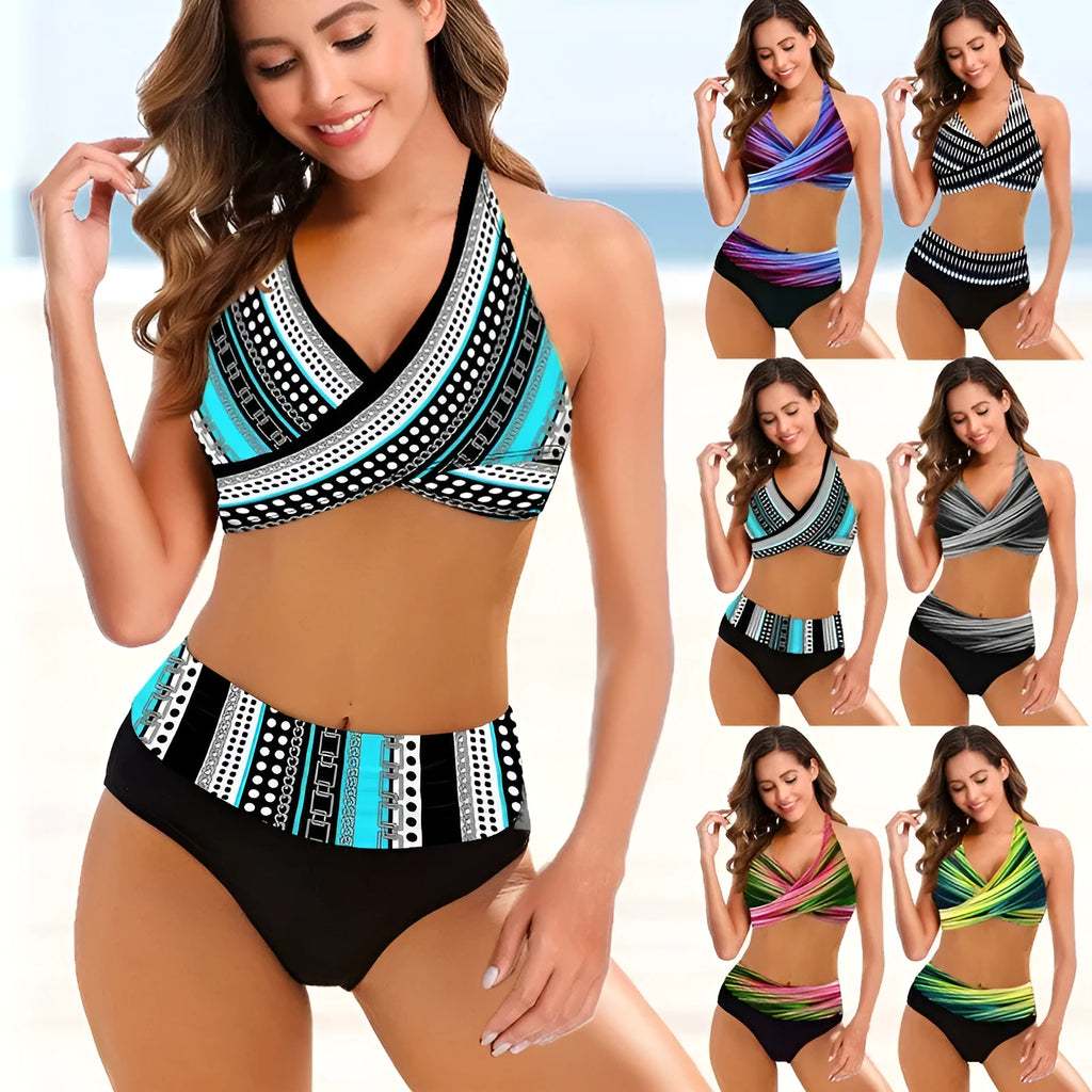Ladies striped tie-dye bikini set with backless design and high-waist briefs in polyester fabric