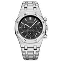 Silver multifunctional six-pin business casual quartz watch with alloy strap, 41.5mm dial, and mineral glass mirror on a flat surface