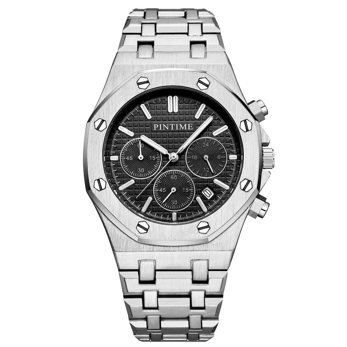 Silver multifunctional six-pin business casual quartz watch with alloy strap, 41.5mm dial, and mineral glass mirror on a flat surface