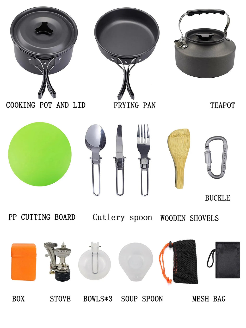 Green camping teapot set with kettle, frying pan, boiling pot, burner, and cutlery for 2-3 people
