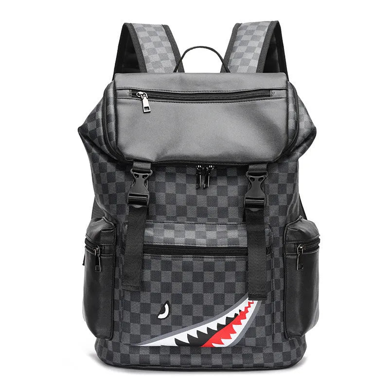 Korean checkered printed black PU leather backpack with curved shoulder straps showing interior polyester lining