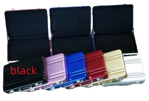 Aluminium alloy metal card holder in six colour options showing compact 100x65mm dimensions