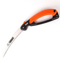 Folding garden trunk saw with 230mm steel blade and TPR grip handle in folded position