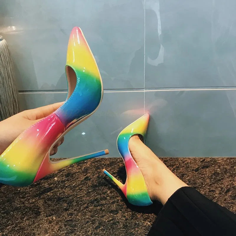 Rainbow patent leather women's high heels with pointed toe and thin ultra-high heel.