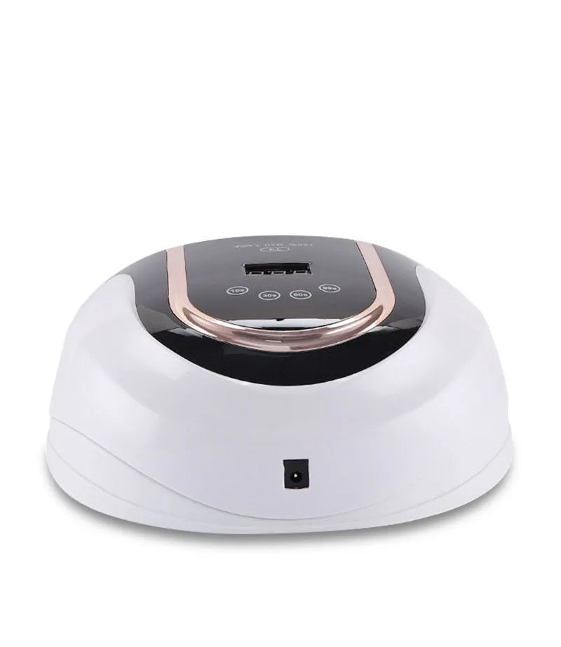 160W touch screen nail lamp with 459 dual light source beads in pink, showing touch panel and removable bottom plate