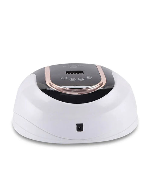 160W touch screen nail lamp with 459 dual light source beads in pink, showing touch panel and removable bottom plate