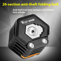 Black bicycle folding lock with password dial mounted on water bottle cage