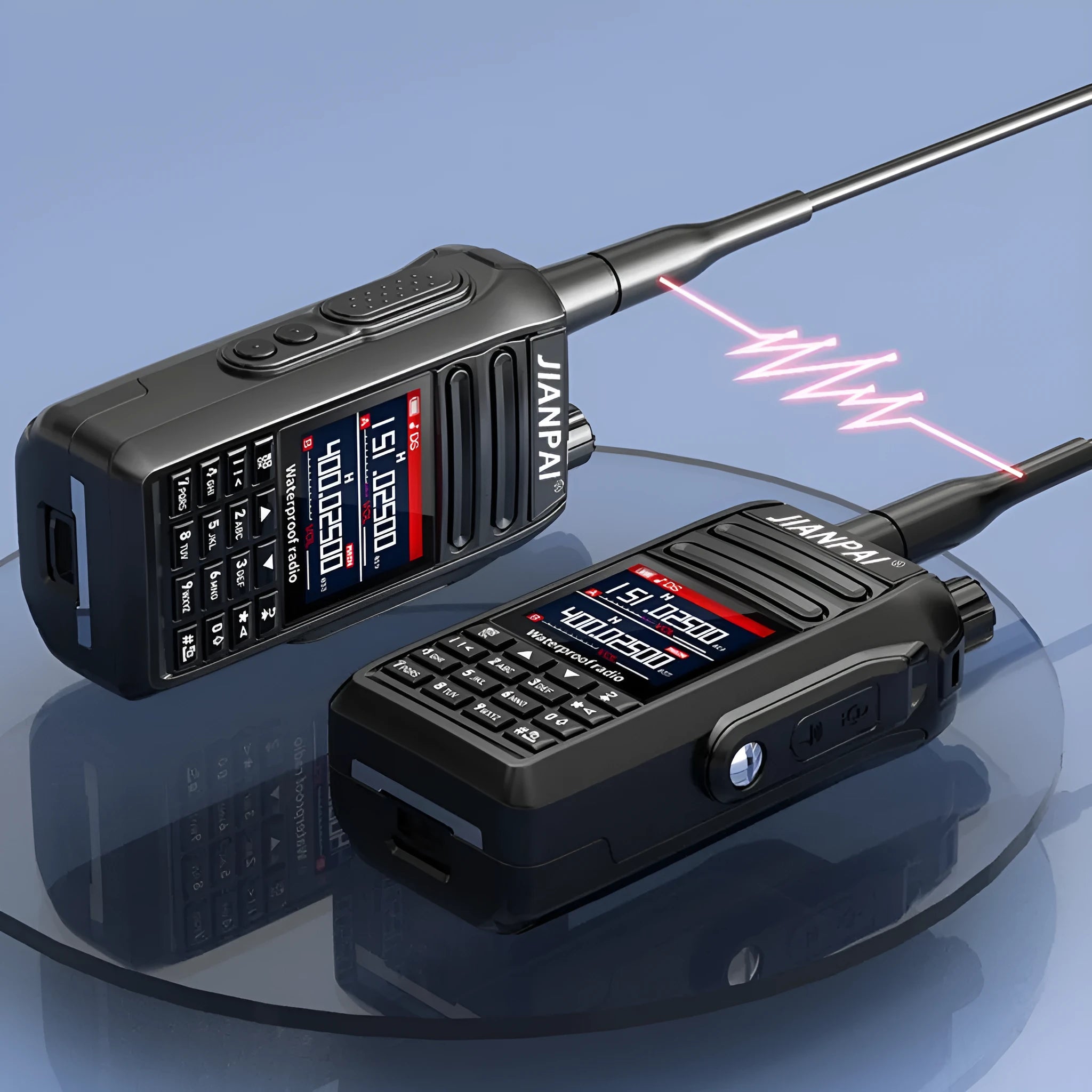 Black Interphone waterproof aviation headset with antenna, battery, charger, cable, and accessories on a table