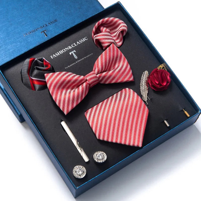 Men's 8-piece rayon jacquard bow tie set, heart shape arrow style, monochrome pattern, 146cm length